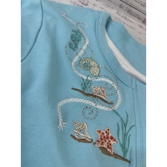 90s Morning Sun Sweatshirt L Nautical Seashell Coastal Blue Cottage - Picture 9 of 12